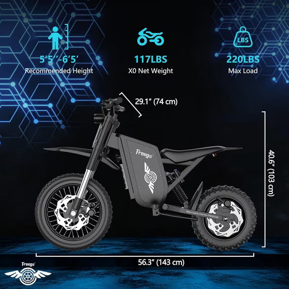 Freego X0 Electric Mini Bike - 60V, 23Ah, 3600W peak, 40 MPH max speed,  full suspension, hydraulic brakes - 100% Financing Available