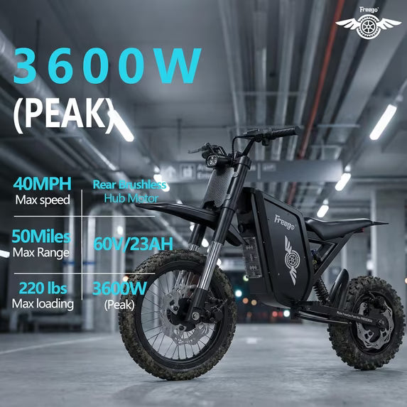 Freego X0 Electric Mini Bike - 60V, 23Ah, 3600W peak, 40 MPH max speed,  full suspension, hydraulic brakes - 100% Financing Available
