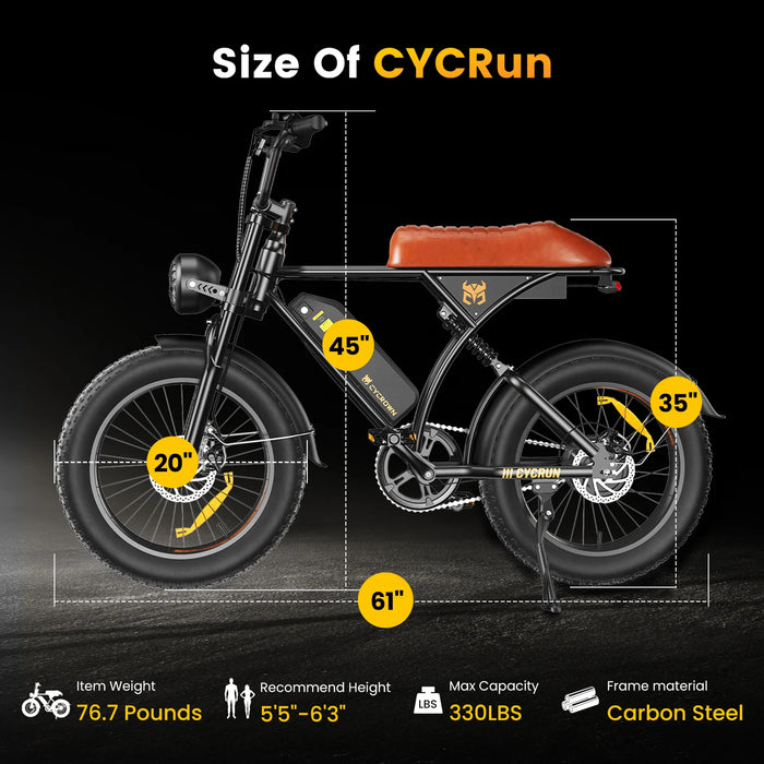 Cycrown CycRun 2.0 Vintage Design Fat Tire Electric Bike - 48V, 10.4 + 15.6 Ah, 1250W Peak, full suspension, max load 330 lbs - 100% Financing Available!
