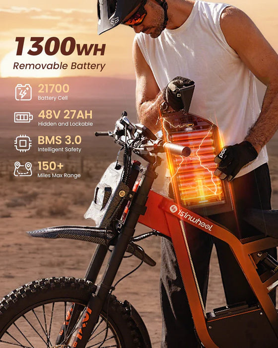 isinwheel R8 Electric Dirt Bike - 48V 27Ah 3000W, 35 MPH Max Speed, 150-Mile Range, 330 lbs Max Load - 100% Financing Available!
