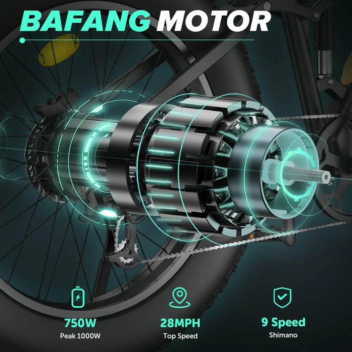 Cycrown Ultra 26" Fat Tire Electric Mountain Bike 750W Motor 48V 15Ah Battery, Shimano 9-speed, full suspension, hydraulic brakes - 100% Financing Available!