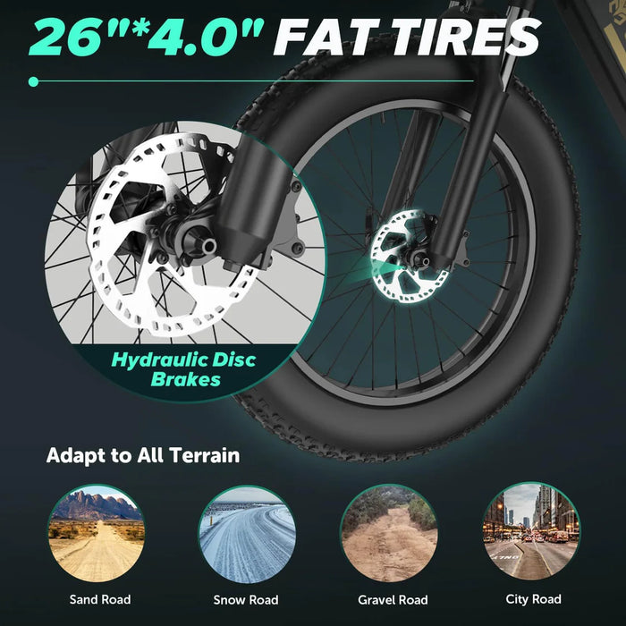 Cycrown Ultra 26" Fat Tire Electric Mountain Bike 750W Motor 48V 15Ah Battery, Shimano 9-speed, full suspension, hydraulic brakes - 100% Financing Available!