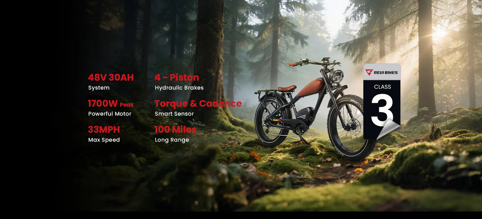 Revi Bikes Cheetah Pro Vintage Retro Fat‑Tire Electric Bike - 48v 30Ah 1700W Peak, 33 MPH, Range up to 100 miles, 4-piston hydraulic brakes, Smart Sensor - 100% Financing Available!