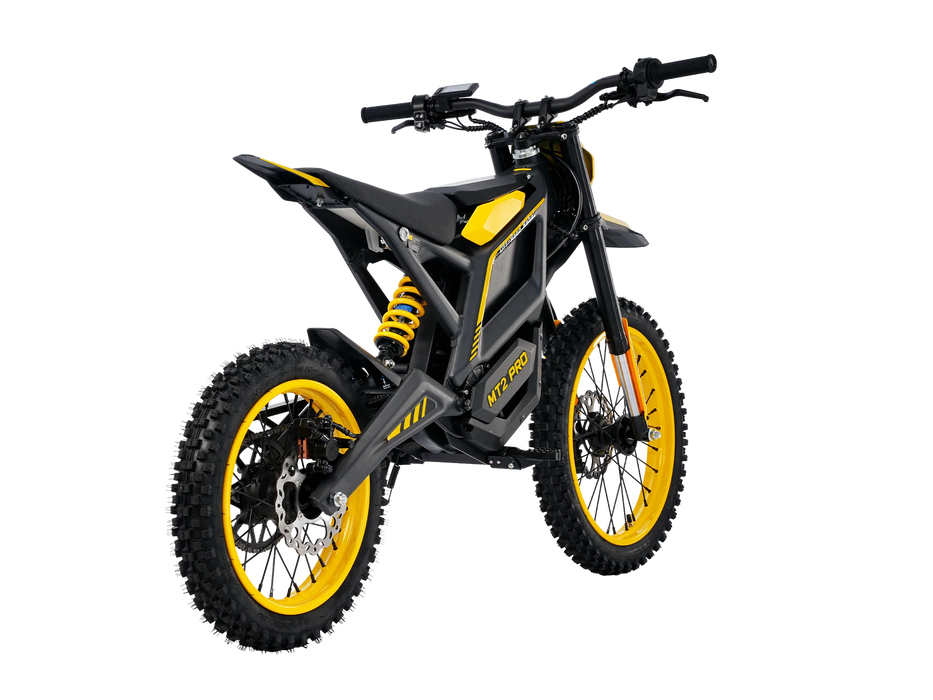 Yellow Isinwheel Monster Pro Mid-Drive Electric Dirt Bike, back right side angled view