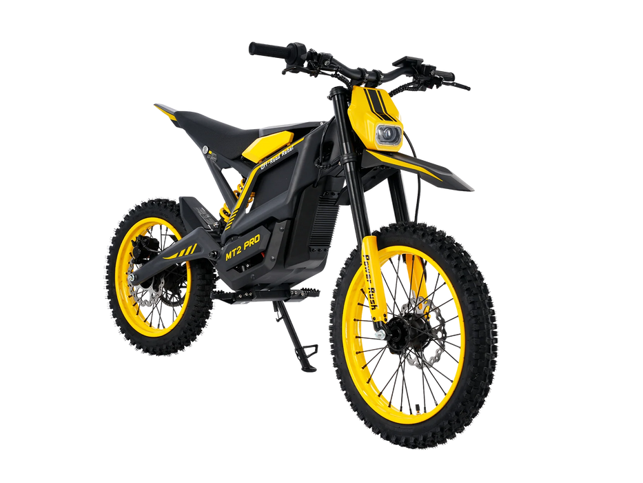 Yellow Isinwheel Monster Pro Mid-Drive Electric Dirt Bike, right front side angled view