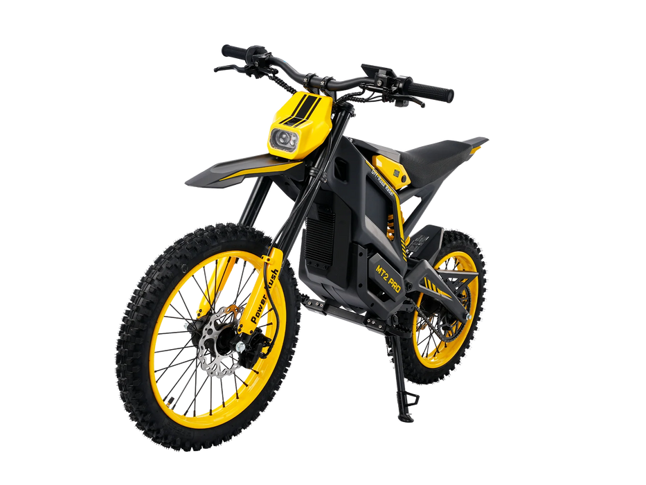 Yellow Isinwheel Monster Pro Mid-Drive Electric Dirt Bike, left angled front view