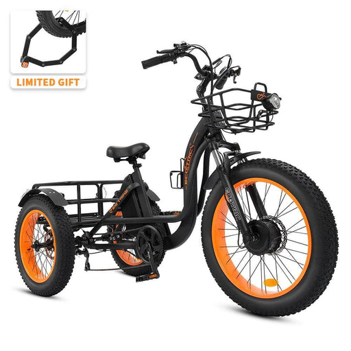 Ecotric E-bike Sale Price 2025! Ecotric 48V 24"x4.0 Front 20"x4.0 Rear Tires Tricycle electric bike with Front Basket + Rear Rack - Financing Available!