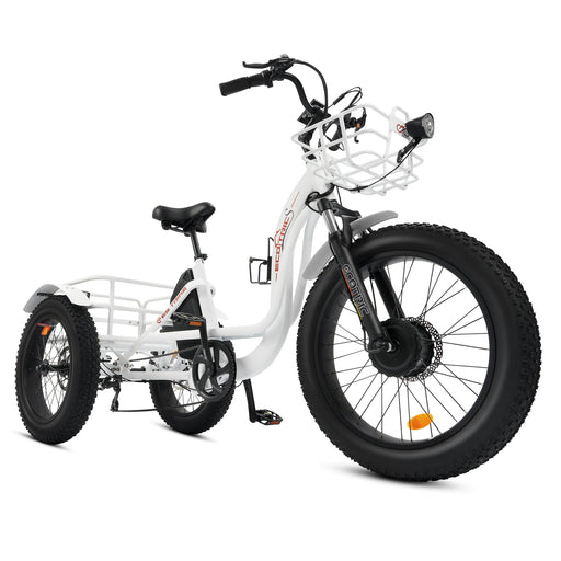 Ecotric E-bike Sale Price 2025! Ecotric 48V 24"x4.0 Front 20"x4.0 Rear Tires Tricycle electric bike with Front Basket + Rear Rack White - Financing Available!