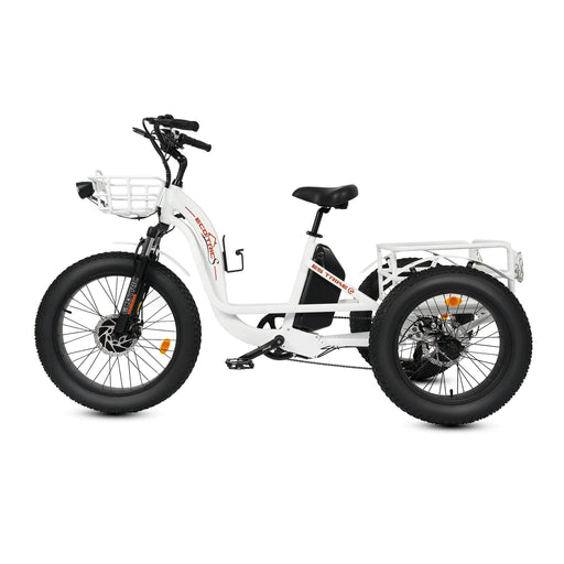 Ecotric E-bike Sale Price 2025! Ecotric 48V 24"x4.0 Front 20"x4.0 Rear Tires Tricycle electric bike with Front Basket + Rear Rack White - Financing Available!