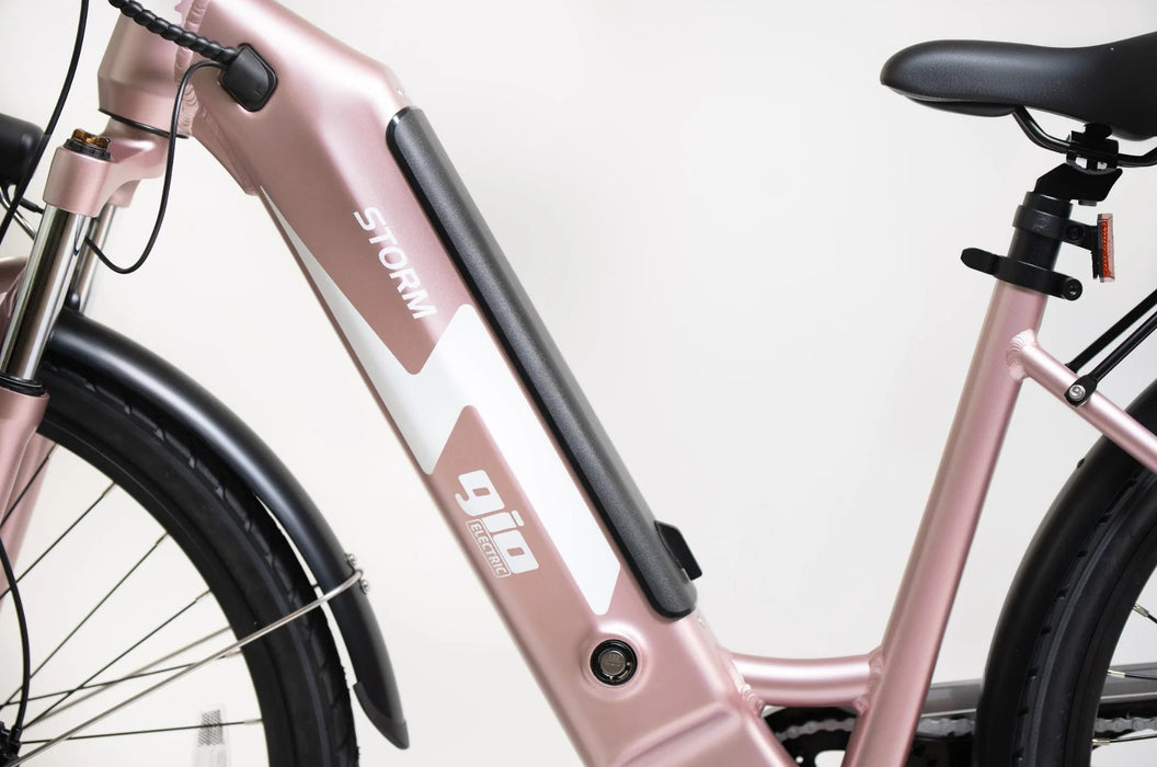 e bike damen samsung GIO STORM STEP-THRU ELECTRIC BIKE ROSE GOLD WITH INTEGRATED SAMSUNG BATTERY - 48V 13Ah 500W, top speed 20 mph, range 46 miles