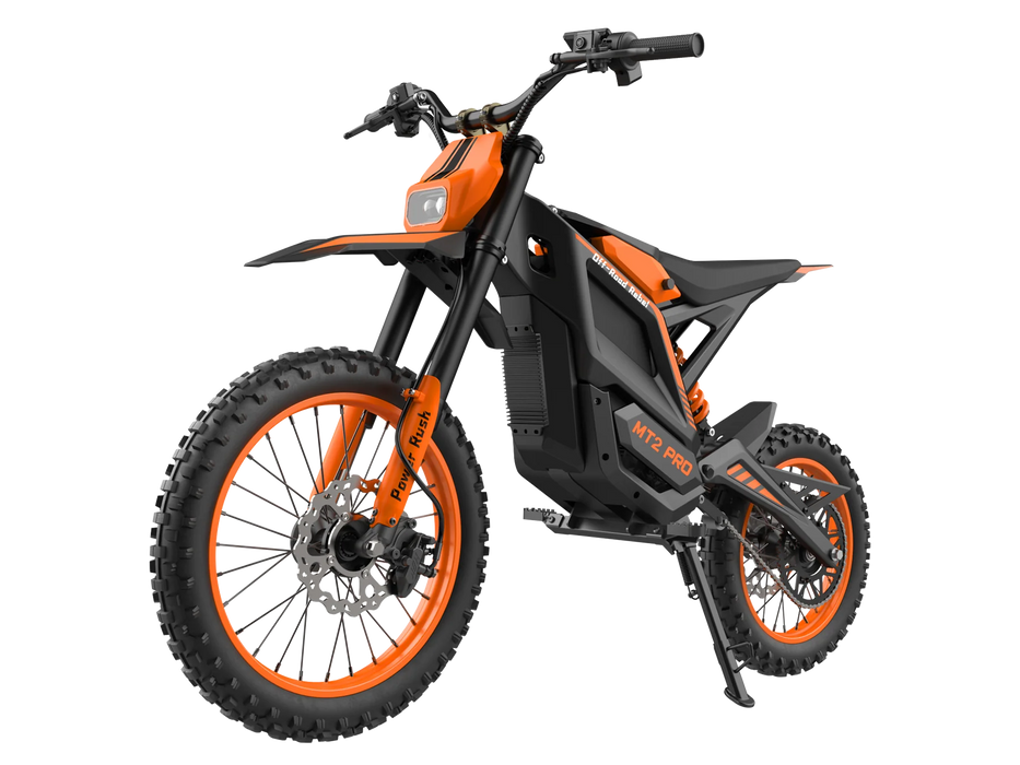 Orange Isinwheel Monster Pro Mid-Drive Electric Dirt Bike, angled left side view on a white background