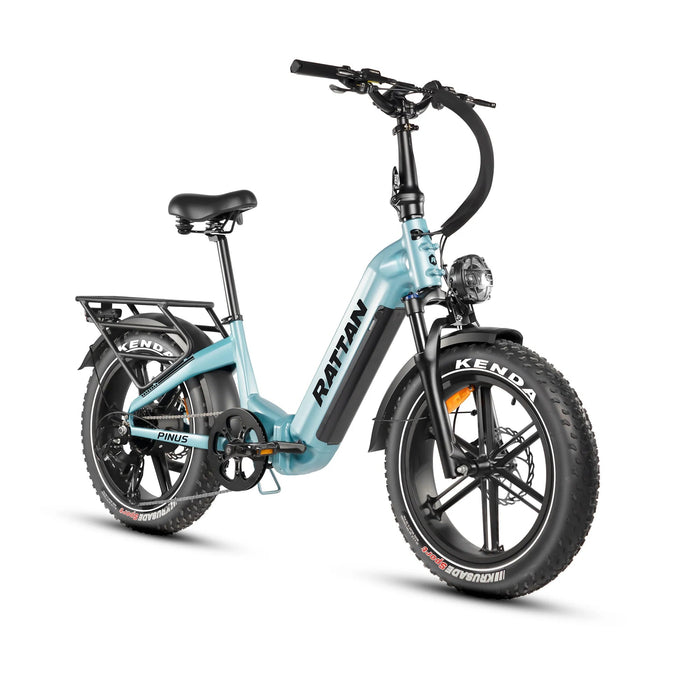 Rattan Electric Bikes Sky Blue Rattan Pinus 20" * 4" Fat tire eBike, LCD Display with App control, 1200w (peak) motor, Class-3 speed(Top Speed 28mph), 48V 960Wh Battery and a step-through frame.