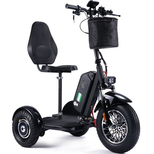 Black three-wheeled electric scooter with a seat on a white background
