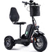 Black three-wheeled electric scooter with a seat on a white background
