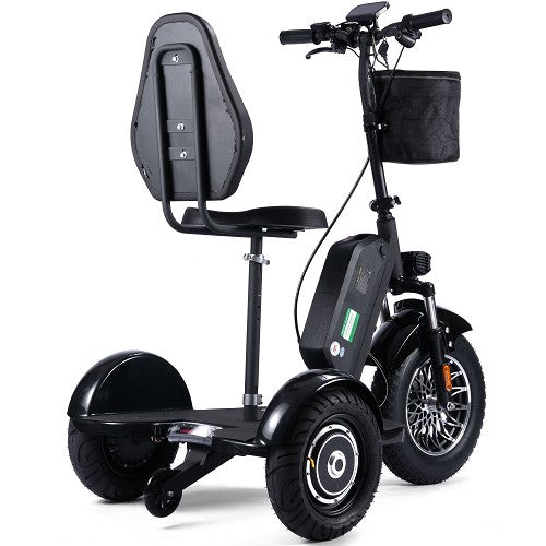 Black three-wheeled electric scooter with a seat on a white background