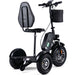 Black three-wheeled electric scooter with a seat on a white background