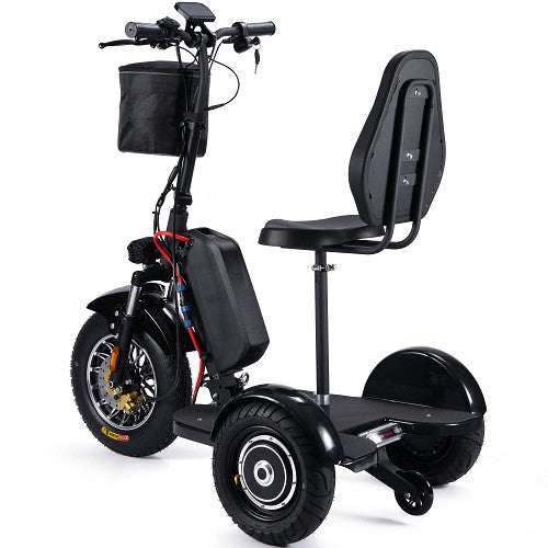 Black three-wheeled mobility scooter with a seat on a white background