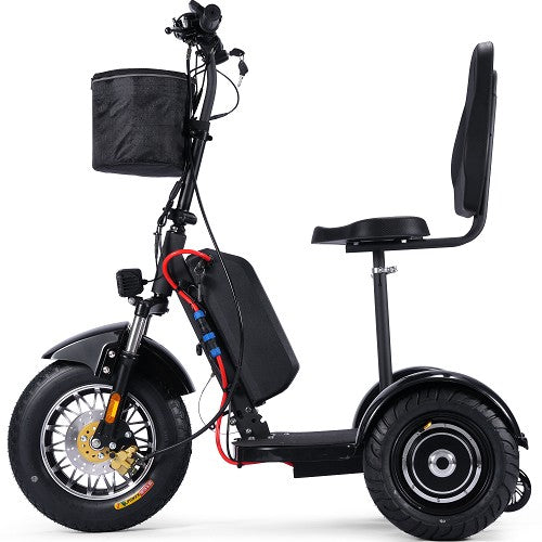 Black electric scooter with a seat and basket on a white background