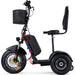 Black electric scooter with a seat and basket on a white background