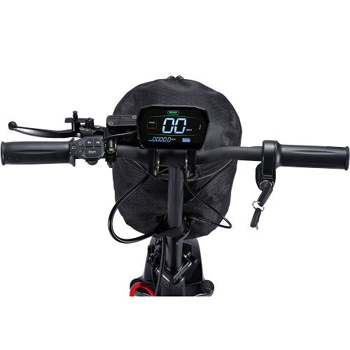 Close-up of an electric 3-wheel scooter handlebar with digital display on a white background
