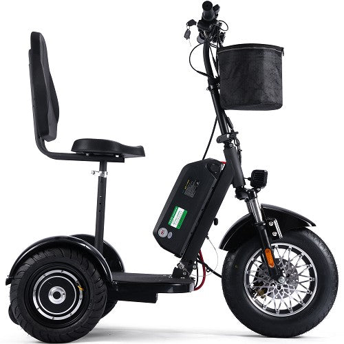Black three-wheeled electric scooter with a seat and basket on a white background