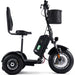 Black three-wheeled electric scooter with a seat and basket on a white background