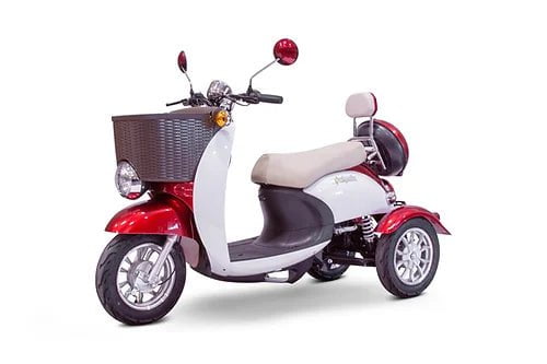 EWheels Electric Scooter Red & White EWheels EW-11 48V 500W Electric 3-Wheel Scooter - 40 Mile Range, Extended Saddle Seat with 2 Rider Capacity, 400 lb weight capacity, alarm
